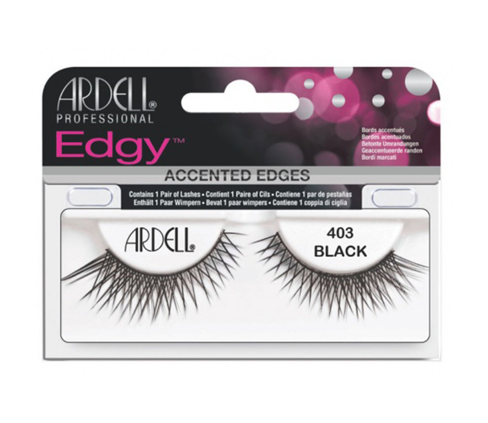 Front view of an Ardell Edgy Lash 403 false lashes set in complete retail wall hook packaging