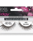 Front view of an Ardell Edgy Lash 403 false lashes set in complete retail wall hook packaging