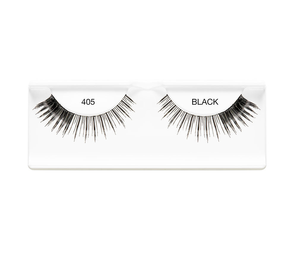 Pair of Ardell Edgy Lash 405 faux lashes in inner plastic packaging labeled "Ardell" & "405 Black"