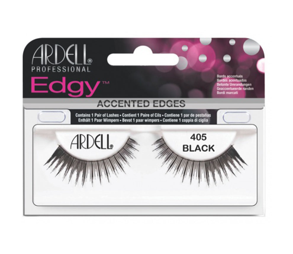 Front view of an Ardell Edgy Lash 405 false lashes set in complete retail wall hook packaging