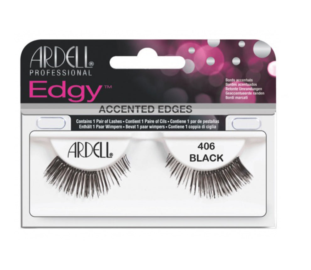 Front view of an Ardell Edgy Lash 406 false lashes set in complete retail wall hook packaging