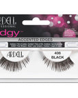 Front view of an Ardell Edgy Lash 406 false lashes set in complete retail wall hook packaging
