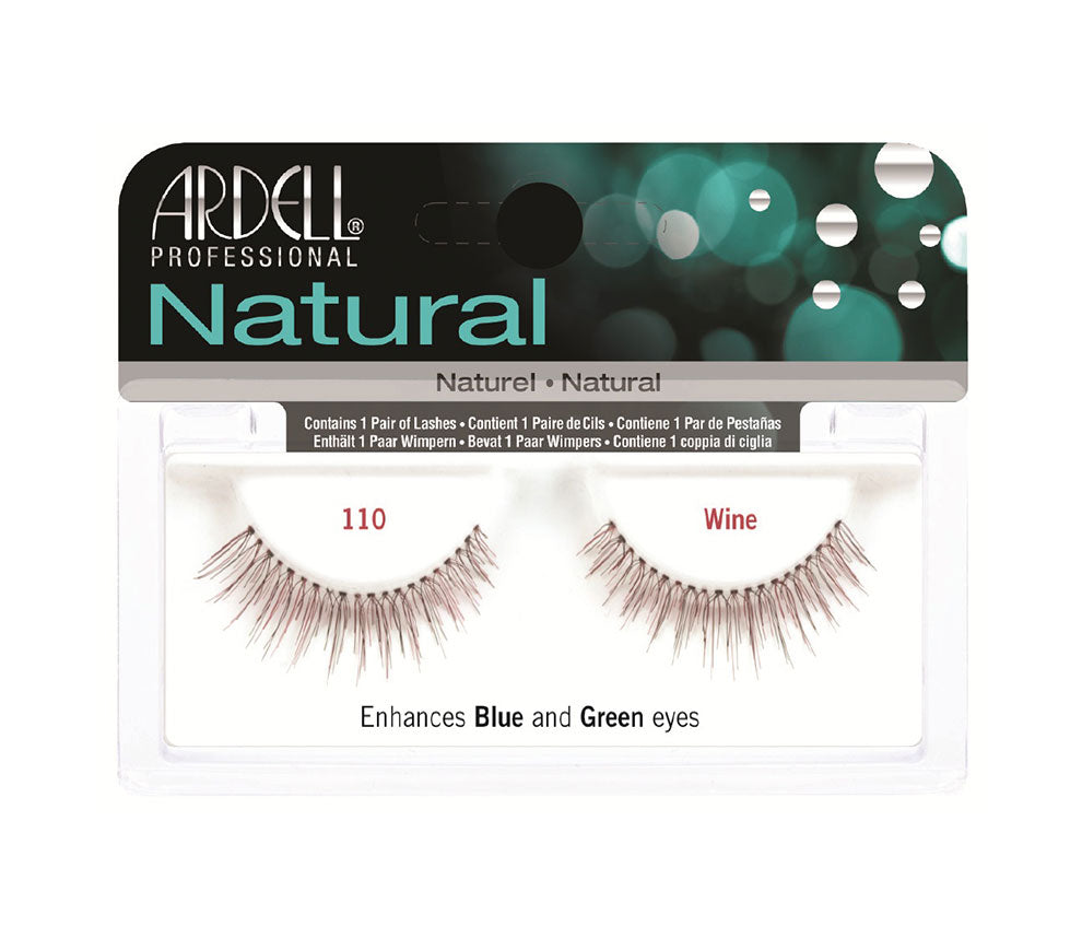 Front view of an Ardell Natural 110 Wine false lashes set in complete retail wall hook packaging