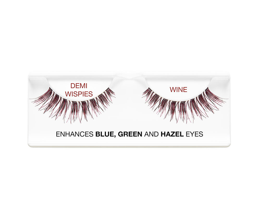 Pair of Ardell Demi Wispies Wine faux lashes in inner plastic packaging