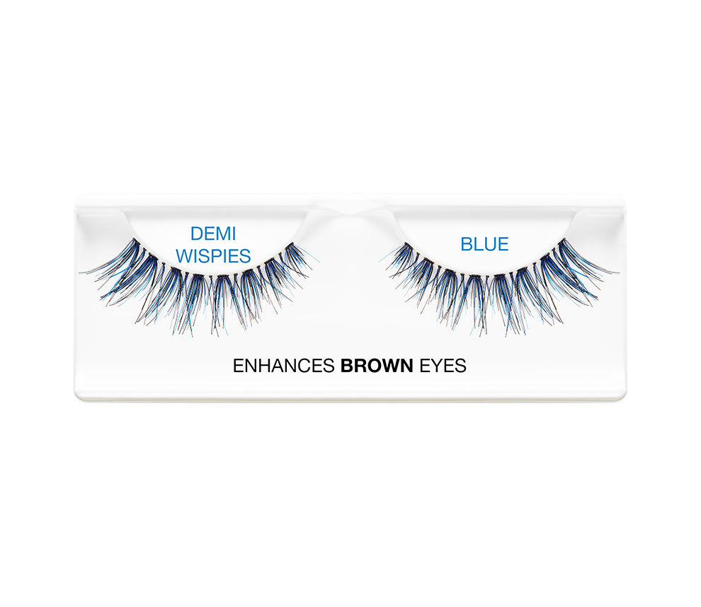 Pair of Ardell Demi Wispies Blue faux lashes in inner plastic packaging