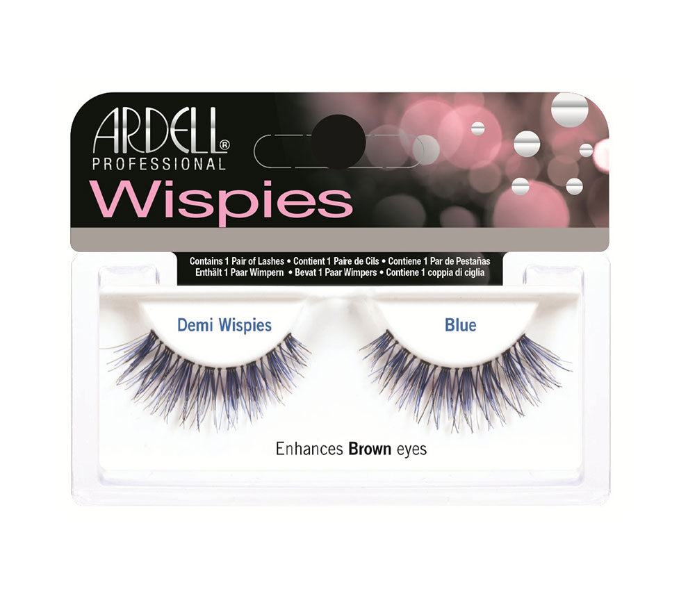 Front view of an Ardell Demi Wispies Blue false lashes set in complete retail wall hook packaging