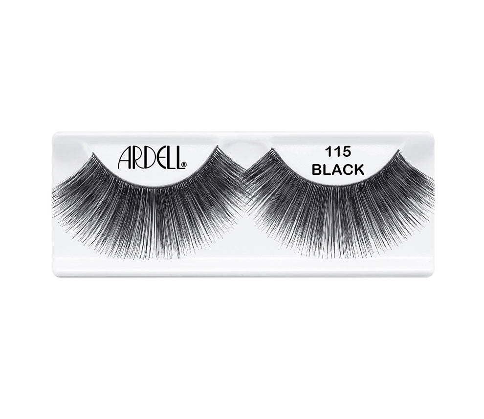 Pair of Ardell Glamour 115 false lashes in inner packaging labeled "Ardell" & "115 Black"