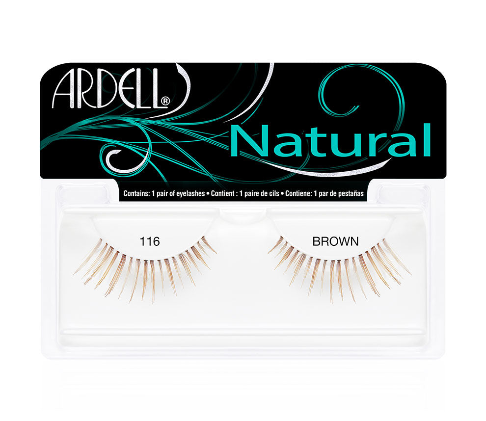 Front view of an Ardell Natural 116 Brown faux lashes set in complete retail wall hook packaging
