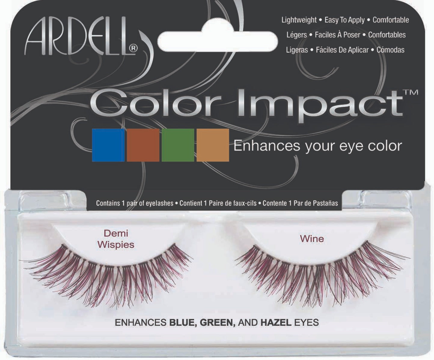 Front view of an Ardell Color Impact Lash Demi Wispies Wine false lashes set in complete retail wall hook packaging