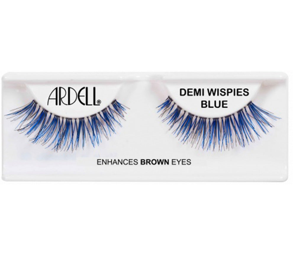 Pair of Ardell Color Impact Lash Demi Wispies Blue faux lashes in inner plastic packaging
