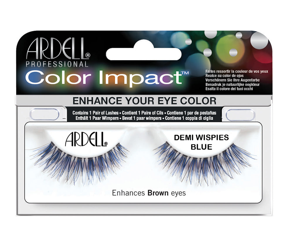 Front view of an Ardell Color Impact Lash Demi Wispies Blue false lashes set in complete retail wall hook packaging