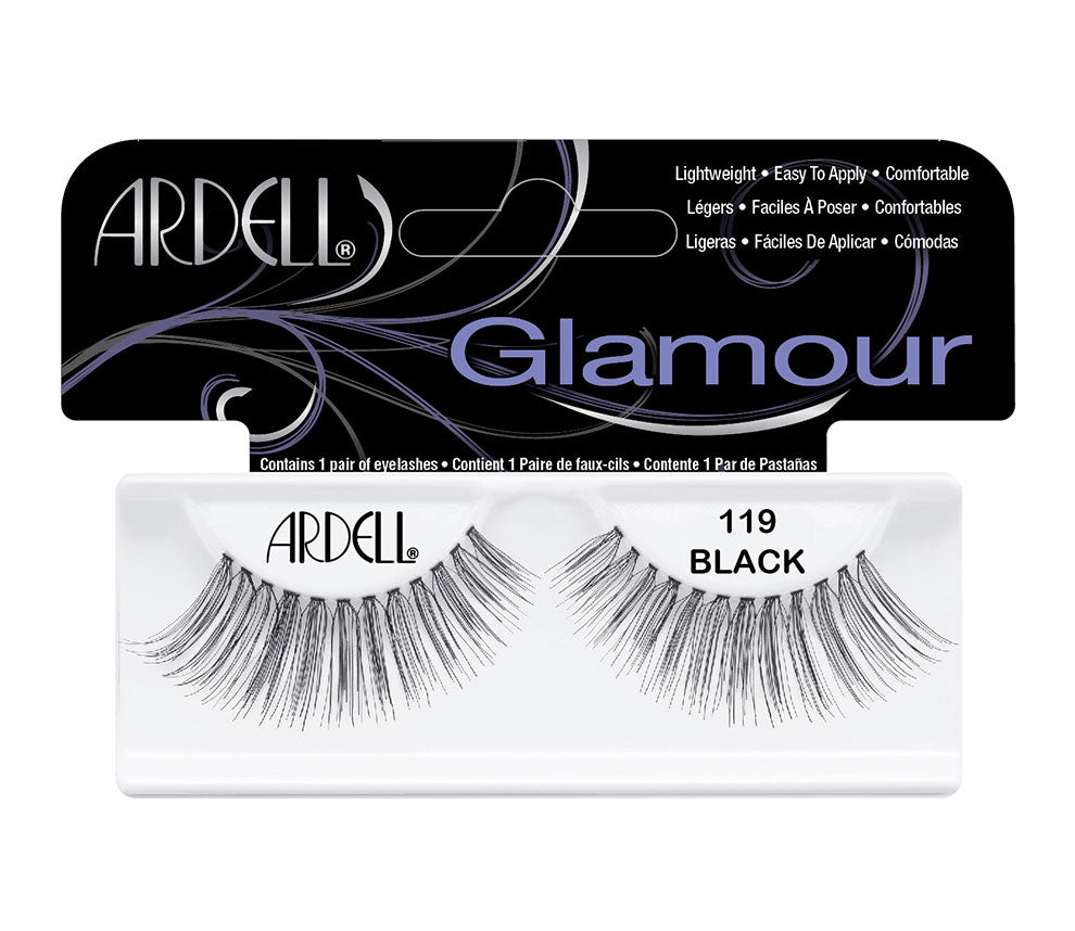 Front view of an Ardell Glamour 119 false lashes set in complete retail wall hook packaging