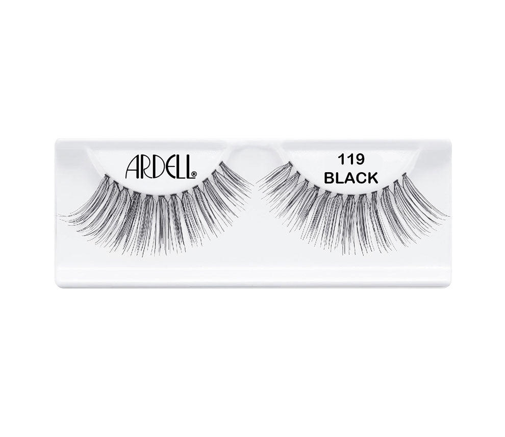 Pair of Ardell Glamour 119 faux lashes in inner packaging labelled "Ardell" & "119 Black"