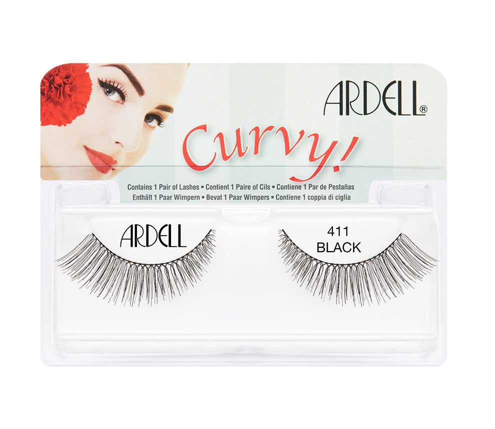 Front view of an Ardell Curvy 411 false lashes set in complete retail wall hook packaging