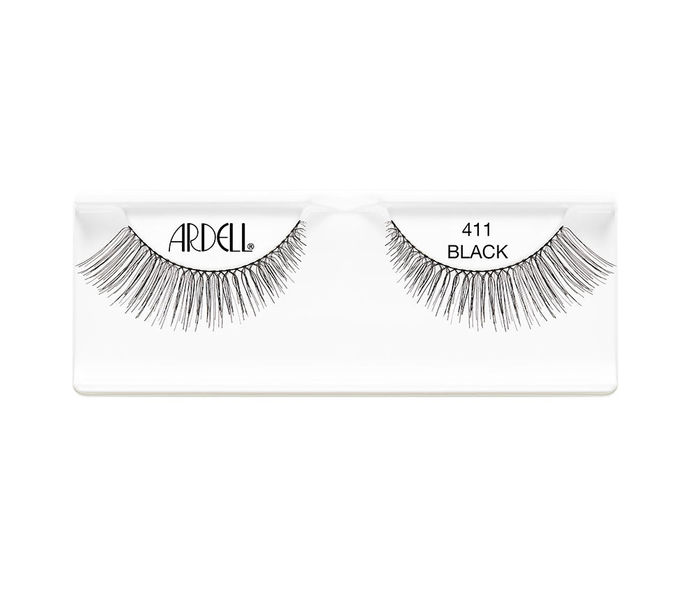 Pair of Ardell Curvy 411 faux lashes in inner plastic packaging labelled "Ardell" & "411 Black"