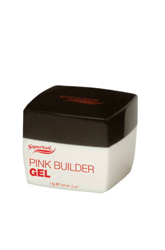 SuperNail Pink Builder Gel – 14g pink builder gel for durable nail overlays, housed in a modern black and white jar.