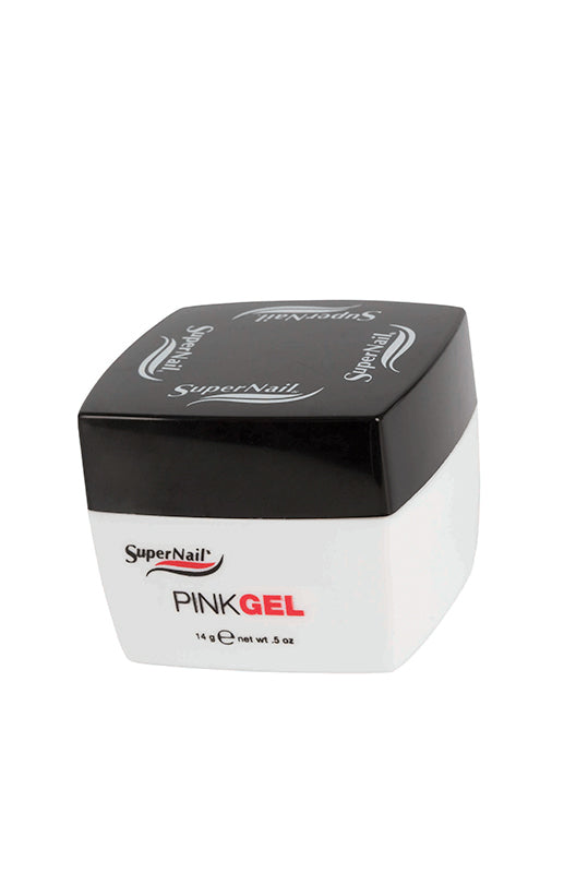SuperNail Pink Gel – 14g pink gel builder for strong, long-lasting nail enhancements in a sleek black and white container.