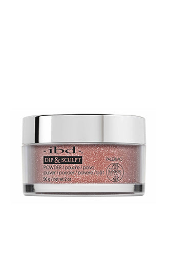 bottle of ibd Dip & Sculpt Palermo metallic shimmer peachy pink nail powder