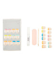 laid down separately a complete set with tools of Ardell Nail Addict Artificial Nail in Rainbow french Tips variant