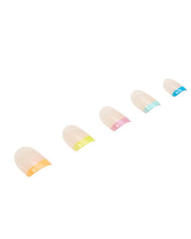 A set of Ardell Nail Addict Artificial Nail with Rainbow french Tips laid down in 45 degree angle
