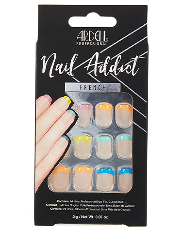 A front view of Ardell Nail Addict Artificial Nail with Rainbow french Tips in a wall hook ready packaging