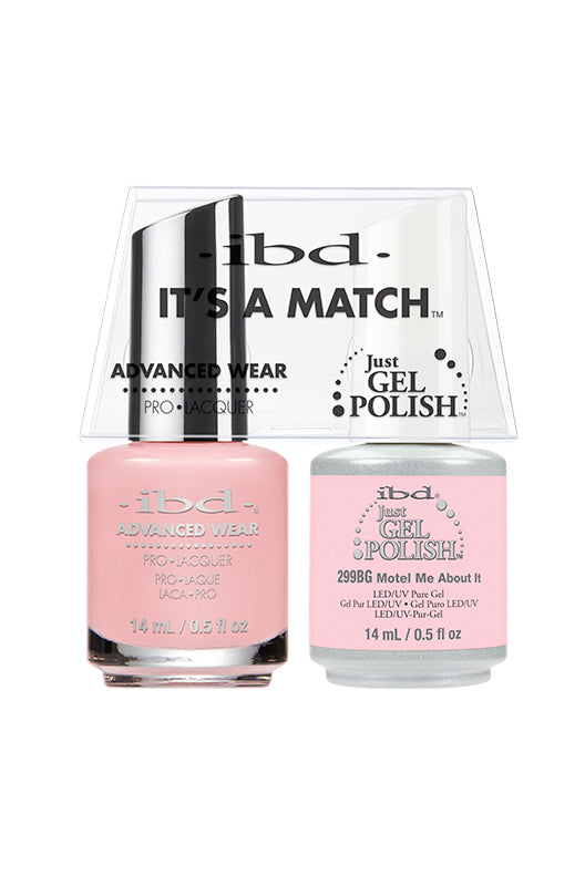 IBD It’s A Match gel and lacquer duo in Motel Me About It, a soft, baby pink with a clean pastel tone.