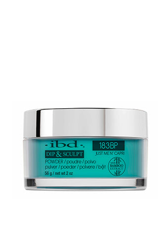 Front view of a 2 ounce glass container of ibd Dip & Sculpt Just Me N Capri nail powder