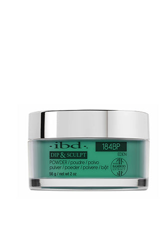 A metallic silver capped 2 ounce clear tub containing ibd Dip & Sculpt Eden nail dip powder