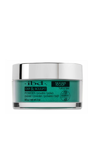 Front view of a 2-ounce clear glass jar of ibd Dip & Sculpt Turtle Bay nail powder