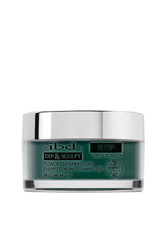 A 2 ounce glass tub container of ibd Dip & Sculpt Green Monster printed with its brand, name, & product information