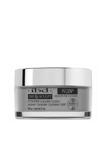 Front view of a 2-ounce glass container of ibd Dip & Sculpt Head In The Clouds nail dip powder