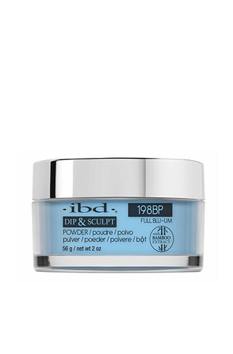 Front view of a clear 2 ounce glass jar containing ibd Dip & Sculpt Full Blu-um nail powder dip