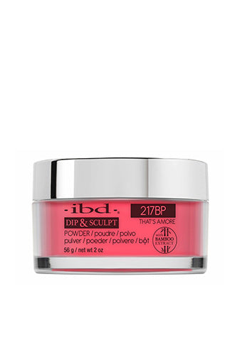 Front view of a 2 ounce glass jar containing ibd Dip & Sculpt That's Amore nail powder printed with product name & details
