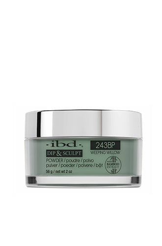 A 2 ounce glass jar filled with ibd Dip & Sculpt Weeping Willow nail dip powder with a metallic silver cap