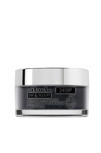 Front-facing 2-ounce clear glass container of ibd Dip & Sculpt Slate printed with product details