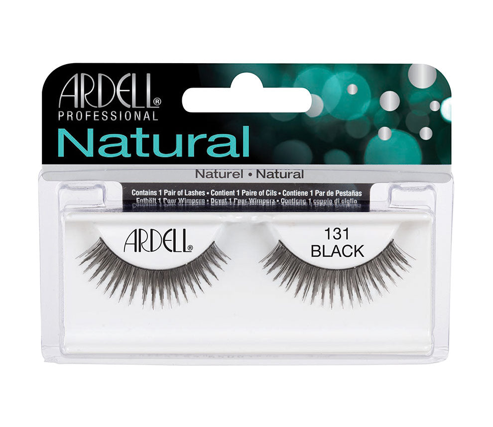 Front view of an Ardell Natural 131 faux lashes set in complete retail wall hook packaging