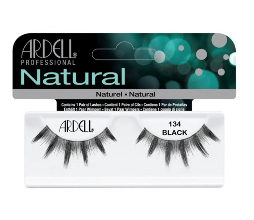 Front view of an Ardell Natural 134 faux lashes set in complete retail wall hook packaging