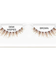 A single pair of Ardell Demi Wispies in Brown color placed in its retail wall hook with some texts on it