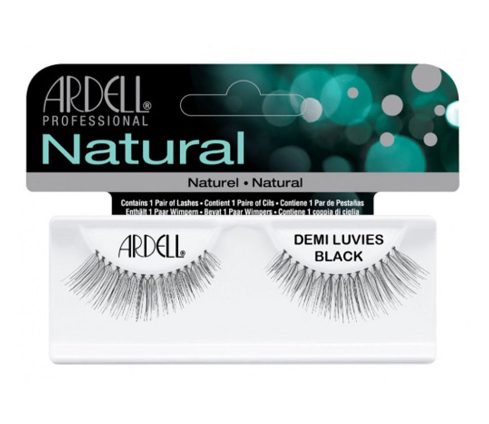 Front view of an Ardell Demi Luvies - Black faux lashes in complete retail wall hook packaging