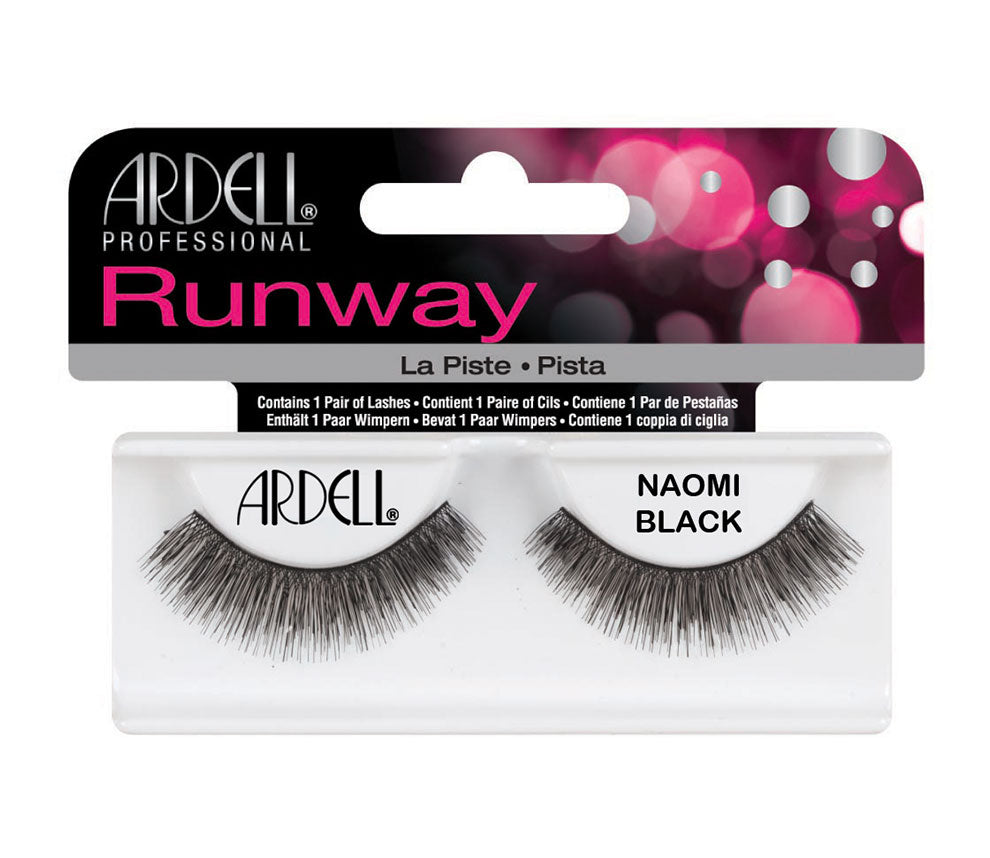 A retail package of Ardell Runway Naomi Black false eyelashes, designed for dramatic, high-fashion eye looks.