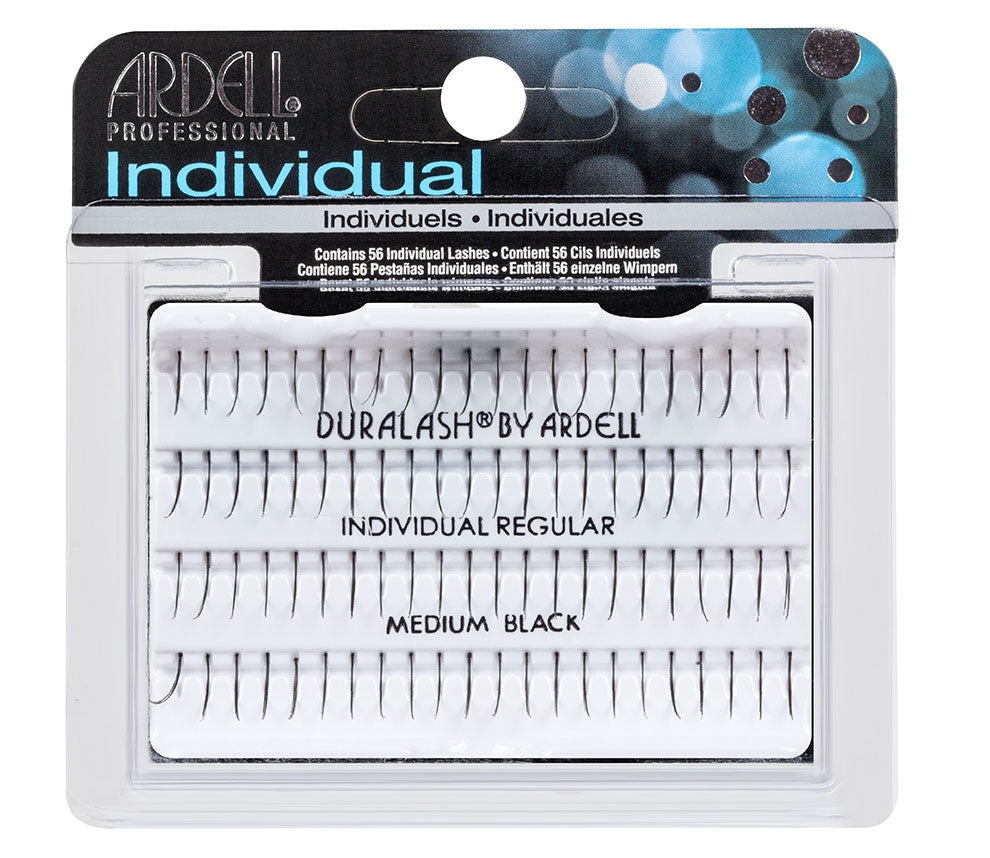 Front view of an Ardell Knotted Singles Individuals - Medium faux lashes set in retail wall hook packaging