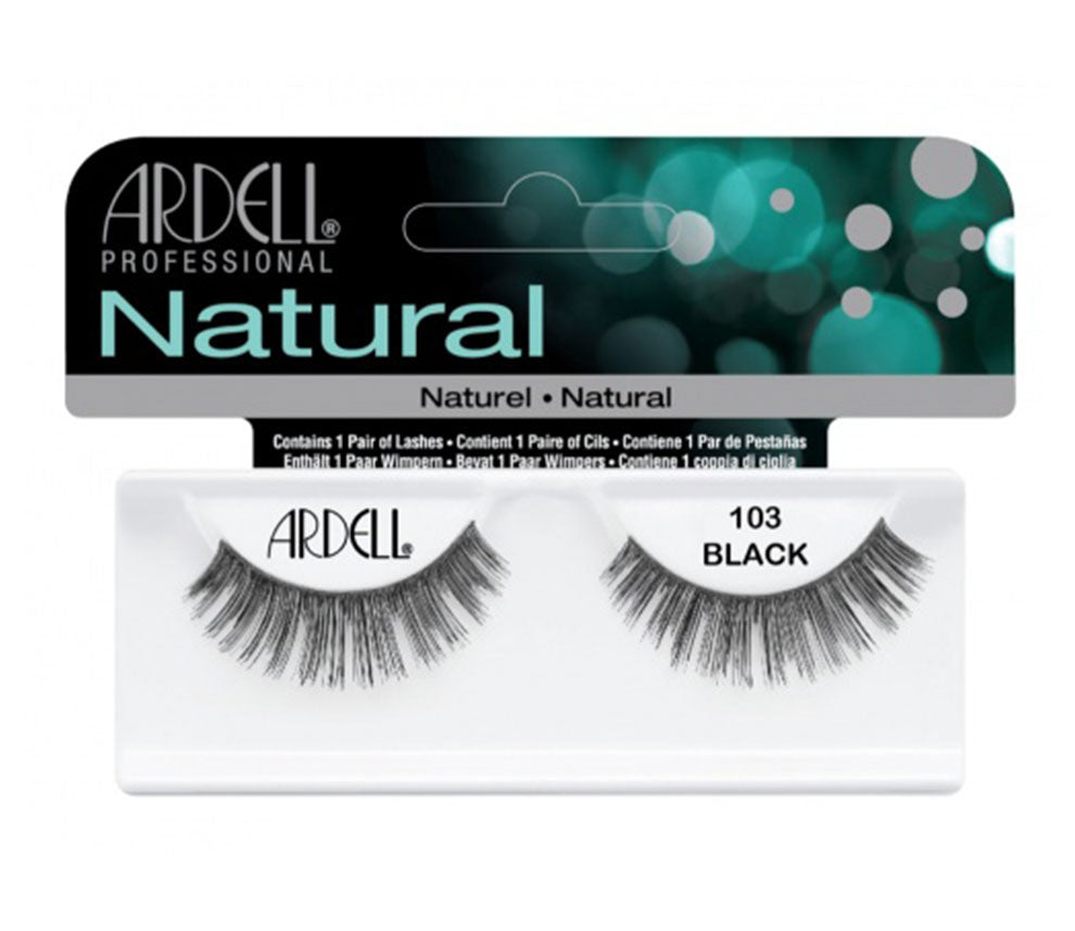 Front view of an Ardell Natural 103 faux lashes in complete retail wall hook packaging