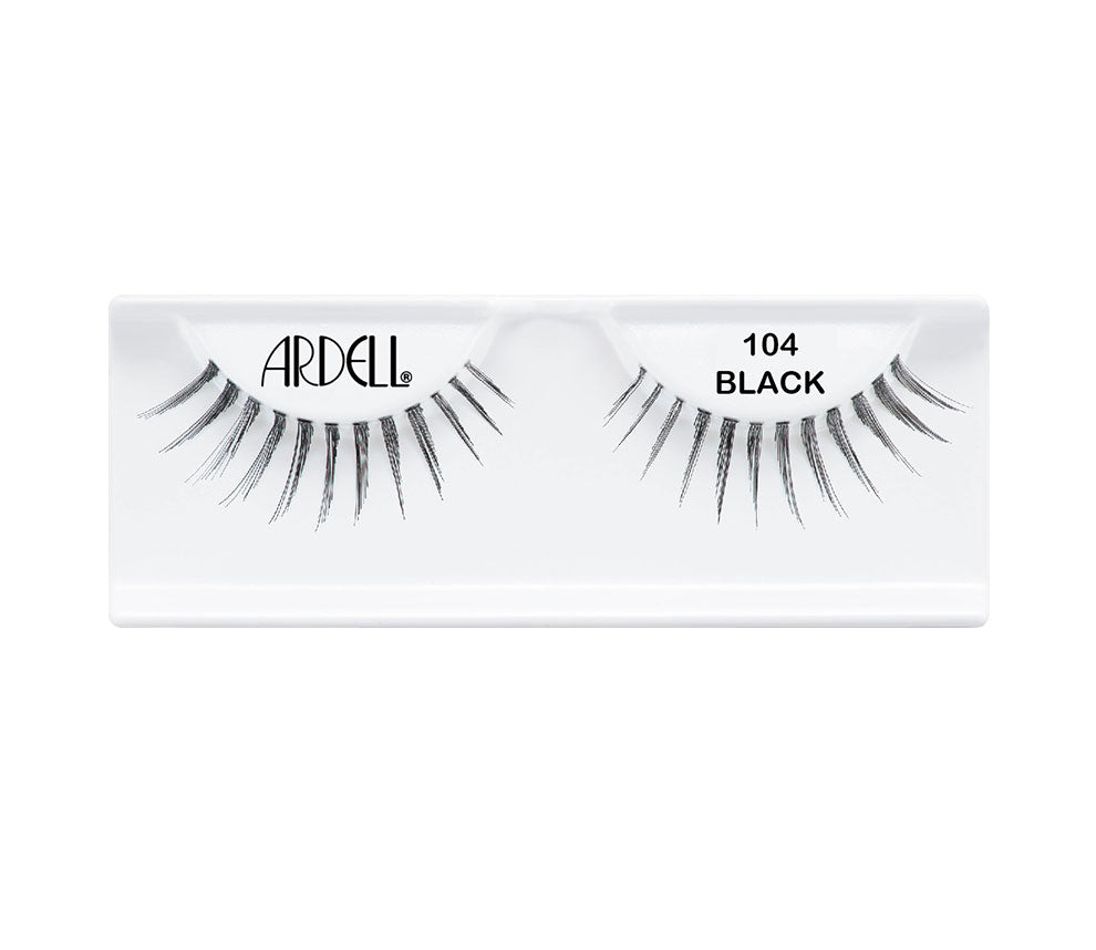 Pair of Ardell Natural 104 faux lashes in inner packaging labelled "Ardell" & "104 Black"