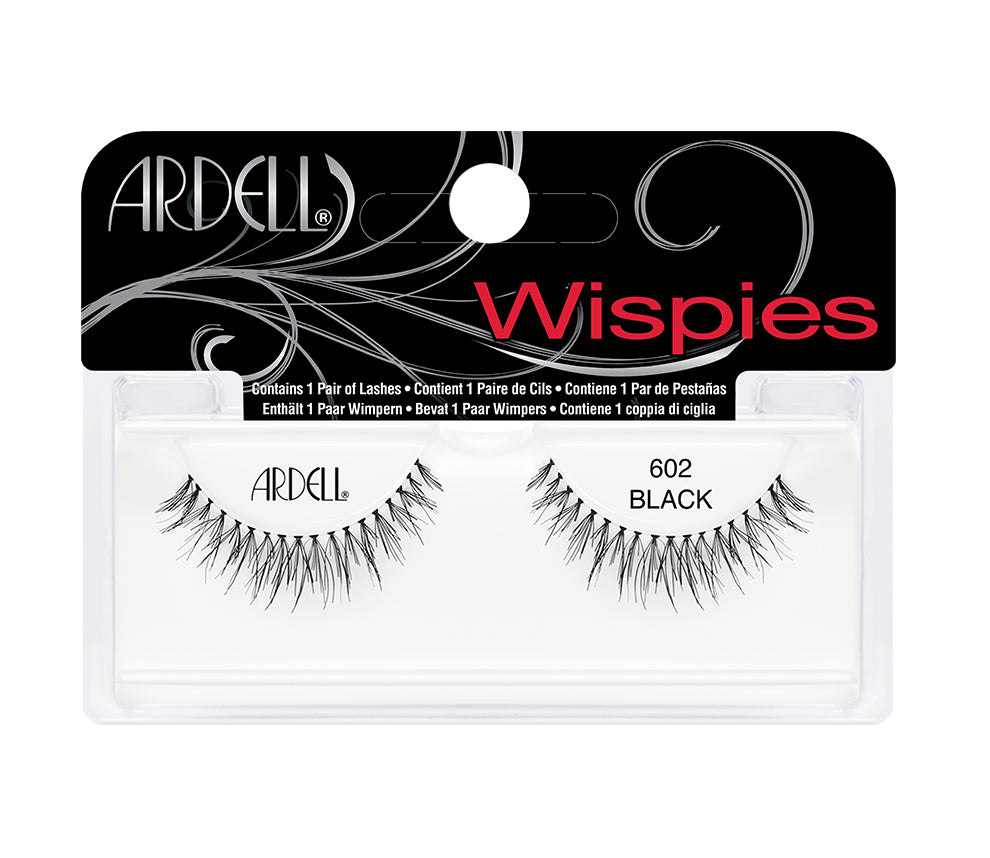A single pair of Ardell Wispies Clusters 602 Striplash in retail wall hook packaging with texts on the package.