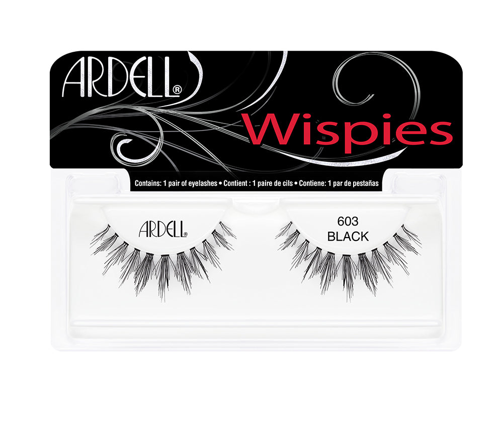 A pair of Ardell Wispies Clusters 603 Striplash inside its retail packaging with product text