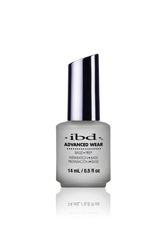 IBD Advanced Wear Base Prep, a clear base coat that strengthens, smooths, and preps nails for long-lasting color adhesion.