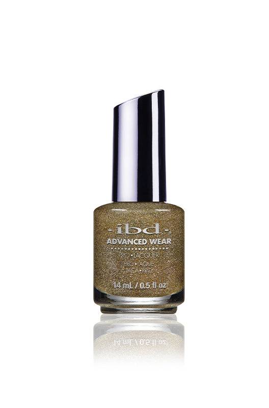 IBD Advanced Wear polish in All That Glitters, a sparkling gold glitter for high-shine, festive looks.