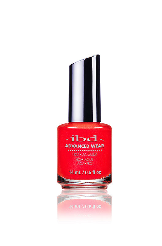 IBD Advanced Wear polish in Mango Mischief, a fiery red shimmer that catches every eye with its bold, radiant glow.