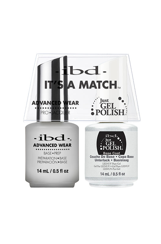 ibd It's A Match Color Duo featuring Advanced Wear Base Prep and Just Gel Polish Base Coat, 14 mL each.