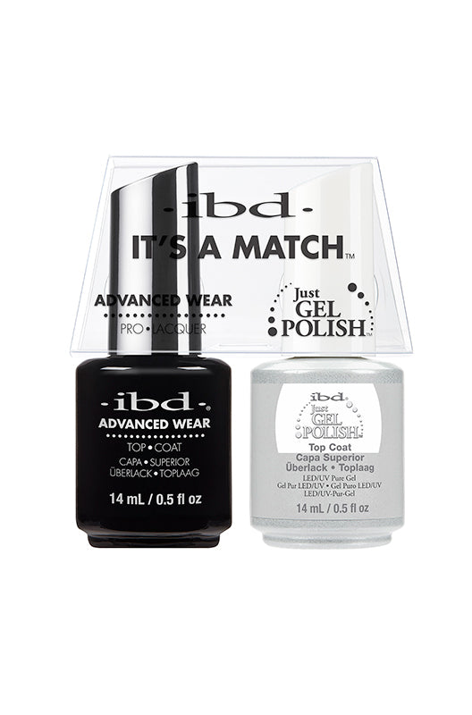 ibd It's A Match Color Duo with Advanced Wear Top Coat and Just Gel Polish Top Coat for long-lasting shine.